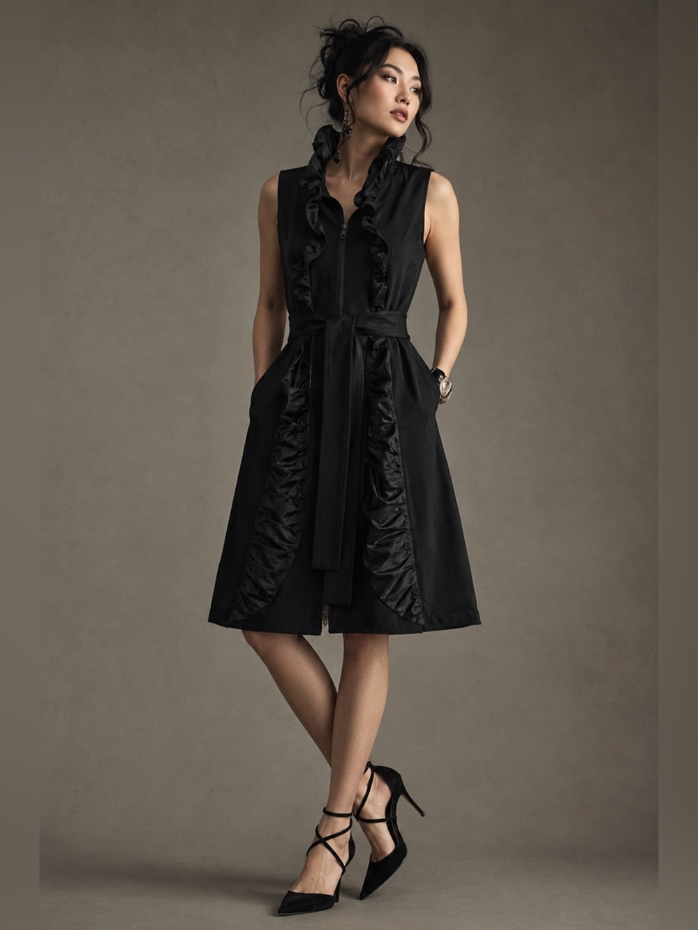Samuel Dong Black Ruffle Zip Front Belted Dress Size Small